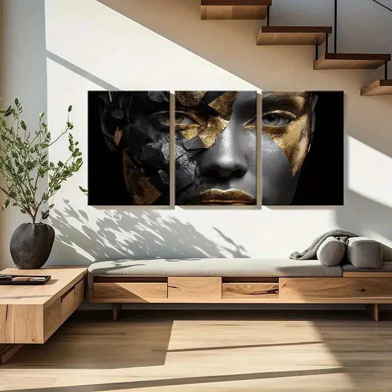 3pcs Abstract Art Golden Mask Metallic Metal Print Ready to Hang Art