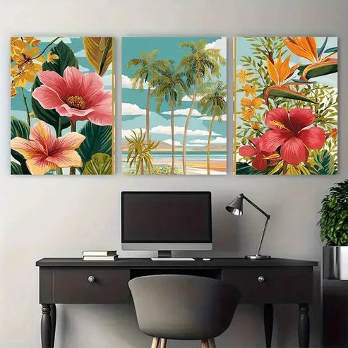 3pcs Lanzarote Travel Beach Floral Illustration Wall Art Canvas Unframed - High Quality Print 100% Australian Made Wall Canvas