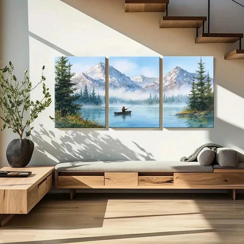 3pcs Alpine Lake Fishing Scene Mountain Metal Print Ready to Hang Art - Bella Home Decor