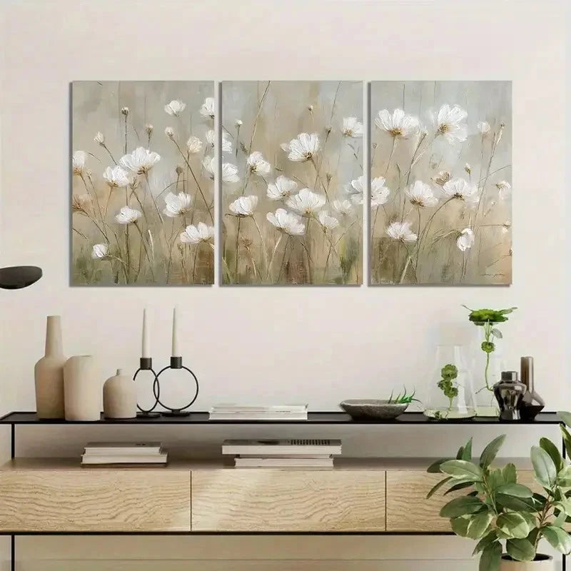 3pcs Delicate Painting of White Wildflowers Metal Print Ready to Hang Art - Bella Home Decor