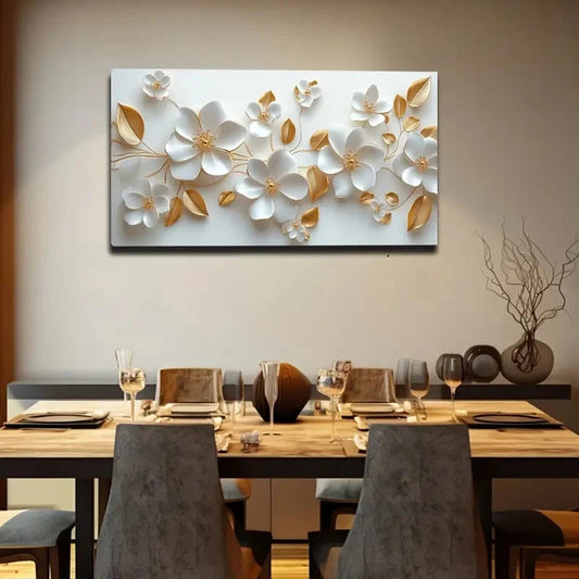 White Flowers Golden Center Wall Art Canvas Office Home Room Framed 120x60cm