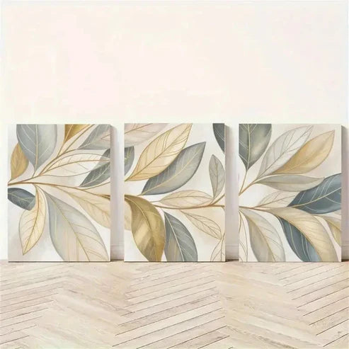 3pcs Leaves, Golden Leaves Minimalist Wall Art Canvas Unframed – High Quality Print 100% Australian Made Wall Canvas