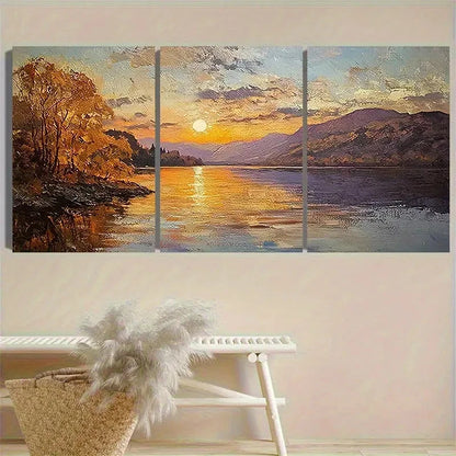 3pcs Lake Sunset Painting Wall Art Set Canvas Framed 50x70cm - High Quality Print 100% Australian Made Wall Canvas Ready to Hang - Bella Home Decor