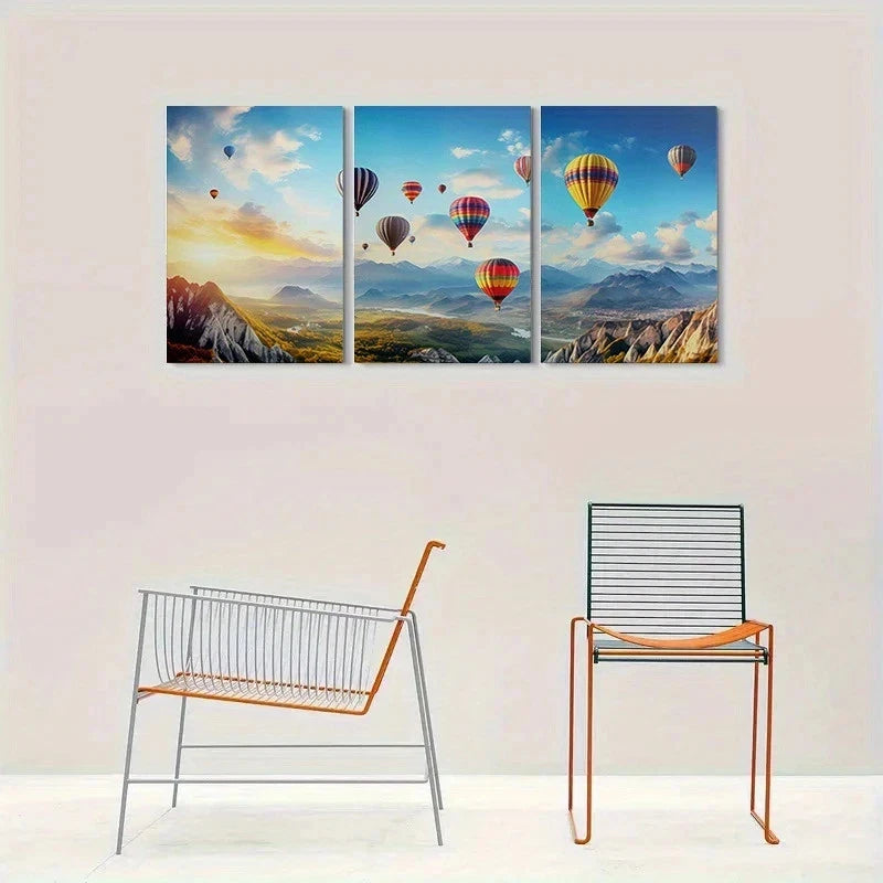 3pcs Colorful Hot Air Balloons Over Mountains Metal Print Ready to Hang Art - Bella Home Decor