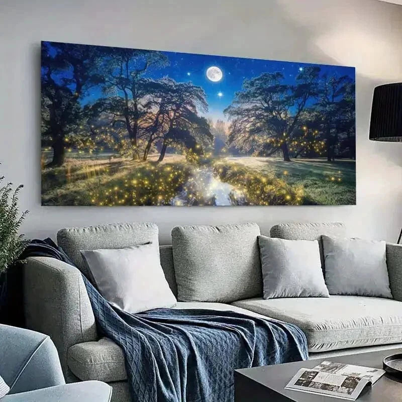 Moonlit Forest Fireflies wall canvas office home room framed 120x60cm - Bella Home Decor