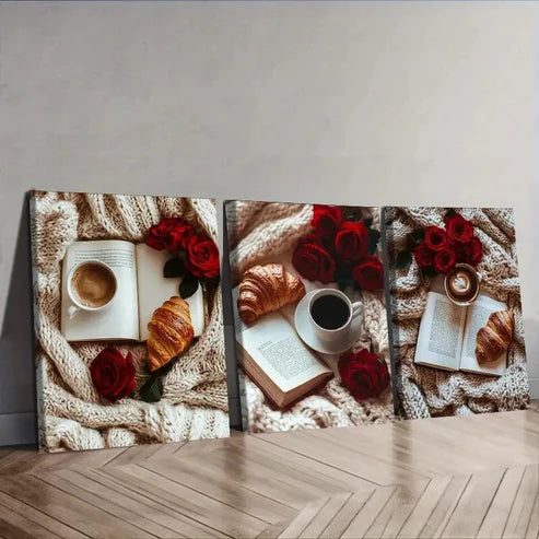 3pcs A book, red roses, bread Wall Art Set Canvas Unframed - High Quality Print 100% Australian Made Wall Canvas - Bella Home Decor