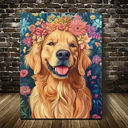 Flowers And Plants Cute Golden Retriever Painting 40x60cm Metal Print Ready to Hang