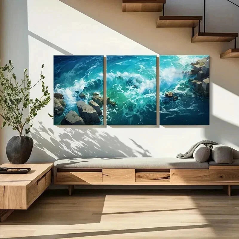 3pcs Anime Style Sea Waves & Rocks Wall Art Set Canvas Framed 50x70cm - High Quality Print 100% Australian Made Wall Canvas Ready to Hang - Bella Home Decor
