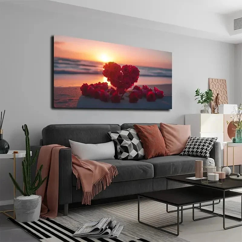 Bouquet Of Red Roses Abstract Wall Art Canvas Office Home Room Framed 120x60cm - Bella Home Decor