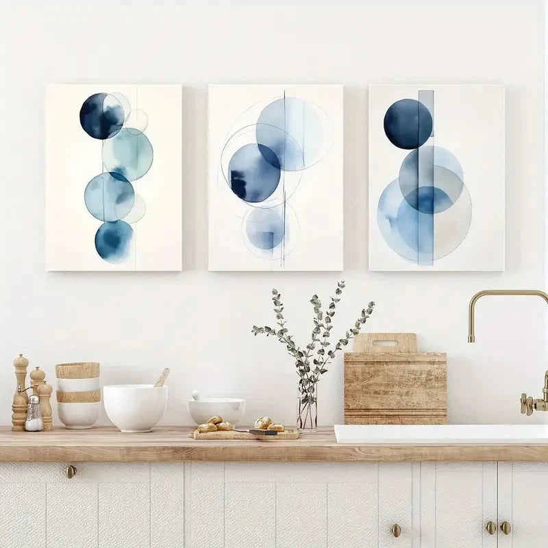 3pcs Retro Blue Watercolor Geometric Blue Wall Art Set Canvas Framed 40x60cm - High Quality Print 100% Australian Made Wall Canvas Ready to Hang