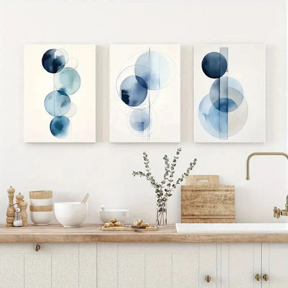 3pcs Retro Blue Watercolor Geometric Blue Wall Art Set Canvas Framed 40x60cm - High Quality Print 100% Australian Made Wall Canvas Ready to Hang