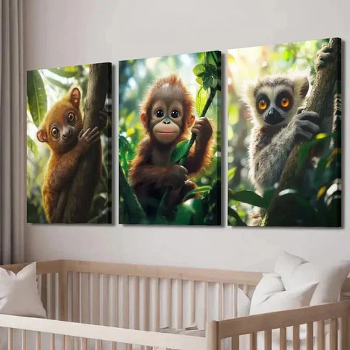 3pcs Golden Bear & Lemur in the Jungle Wall Art Canvas Unframed - High Quality Print 100% Australian Made Wall Canvas - Bella Home Decor