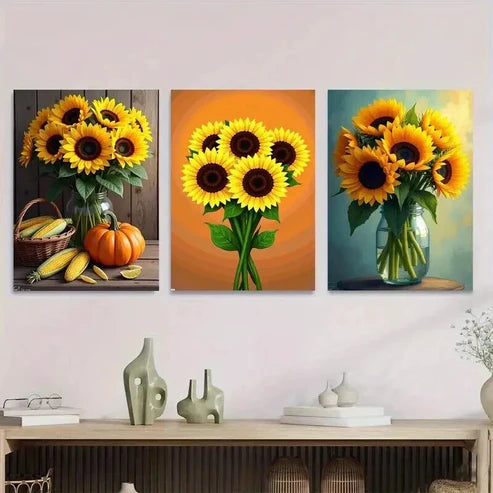 3pcs Sunflower Pumpkins, Modern & Classic Wall Art Set Canvas Unframed - High Quality Print 100% Australian Made Wall Canvas