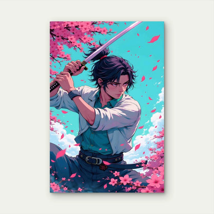 Samurai With Katana Cherry Blossom Landscape 60x90 cm Metal Print Ready to Hang - Bella Home Decor
