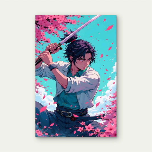 Samurai With Katana Cherry Blossom Landscape 60x90 cm Metal Print Ready to Hang