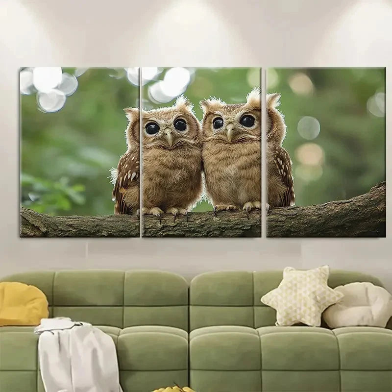 3pcs Adorable Brown Owl Siblings BH  Wall Art Set Canvas Framed 60x90cm - High Quality Print 100% Australian Made Wall Canvas Ready to Hang - Bella Home Decor