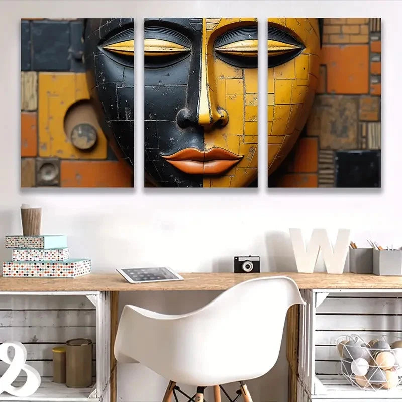 3pcs Black & Yellow Mask Design Deco Style  Wall Art Set Canvas Framed 50x70cm - High Quality Print 100% Australian Made Wall Canvas Ready to Hang - Bella Home Decor
