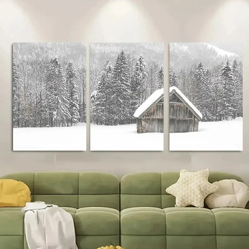 3pcs Snow Cabin Wall Art Metal Print Ready to Hang Art