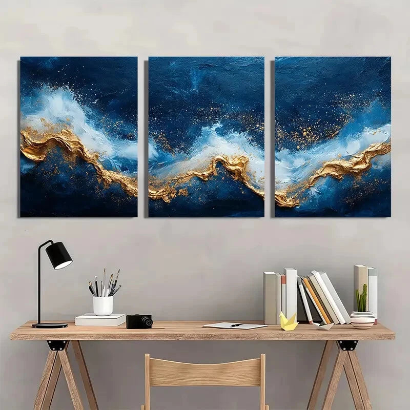 3pcs Blue and Golden Abstract Blue and White Metal Print Ready to Hang Art - Bella Home Decor