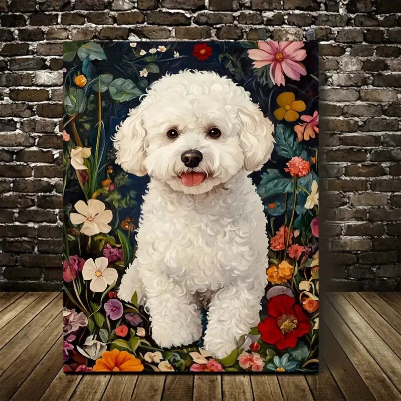 Cute Bichon Frise Dog with Vibrant Floral Painting 40x60cm Metal Print Ready to Hang