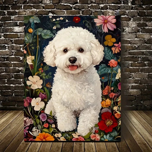 Cute Bichon Frise Dog with Vibrant Floral Painting 40x60cm Metal Print Ready to Hang