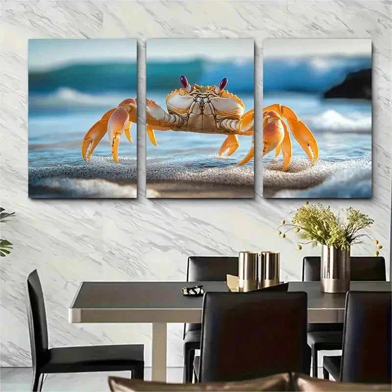 3pcs  Adorable Crab Beach Decor Perfect Wall Art Set Canvas Framed 50x70cm - High Quality Print 100% Australian Made Wall Canvas Ready to Hang - Bella Home Decor