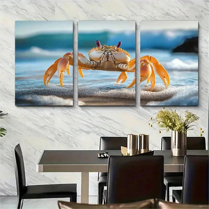 3pcs  Adorable Crab Beach Decor Perfect Wall Art Set Canvas Framed 50x70cm - High Quality Print 100% Australian Made Wall Canvas Ready to Hang - Bella Home Decor