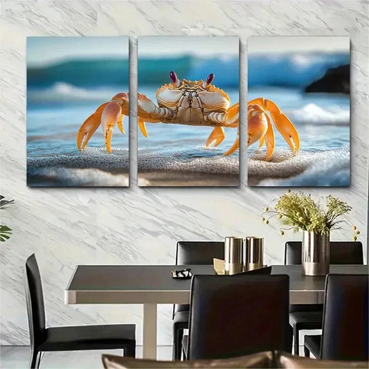 3pcs Adorable Crab Beach Decor Perfect Wall Art Set Canvas Framed 50x70cm - High Quality Print 100% Australian Made Wall Canvas Ready to Hang