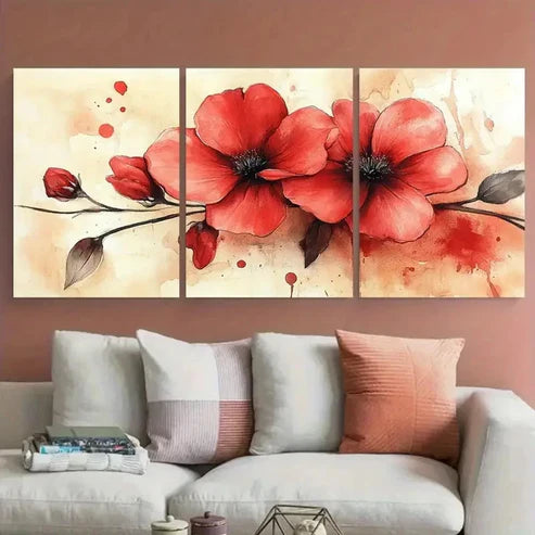 3pcs Elegant Blooming Red Floral Watercolor  Wall Art Set Canvas Unframed - High Quality Print 100% Australian Made Wall Canvas