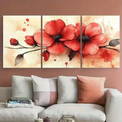 3pcs Elegant Blooming Red Floral Watercolor  Wall Art Set Canvas Unframed - High Quality Print 100% Australian Made Wall Canvas
