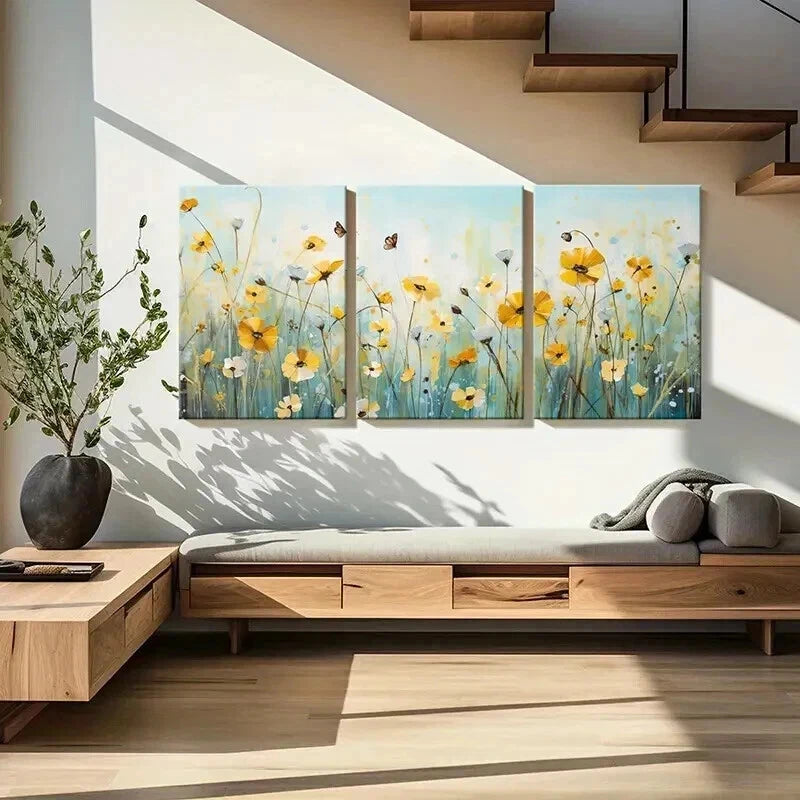 3pcs Meadow with Yellow Daisies & Butterflies Wall Art Set Canvas Framed 40x60cm - High Quality Print 100% Australian Made Wall Canvas Ready to Hang - Bella Home Decor