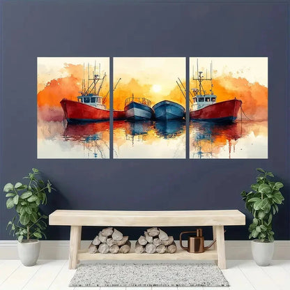 3pcs Watercolor Sailboats & Fishing Boats Metal Print Ready to Hang Art