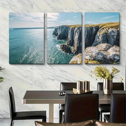 3pcs Decor Cliff Art Pembrokeshire Wales P  Wall Art Set Canvas Framed 50x70cm - High Quality Print 100% Australian Made Wall Canvas Ready to Hang - Bella Home Decor