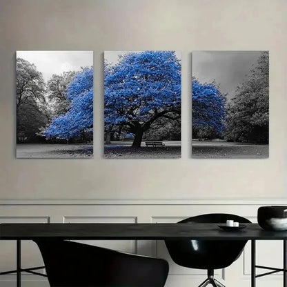 3pcs Featuring a Blue Tree in a Park Metal Print Ready to Hang Art - Bella Home Decor