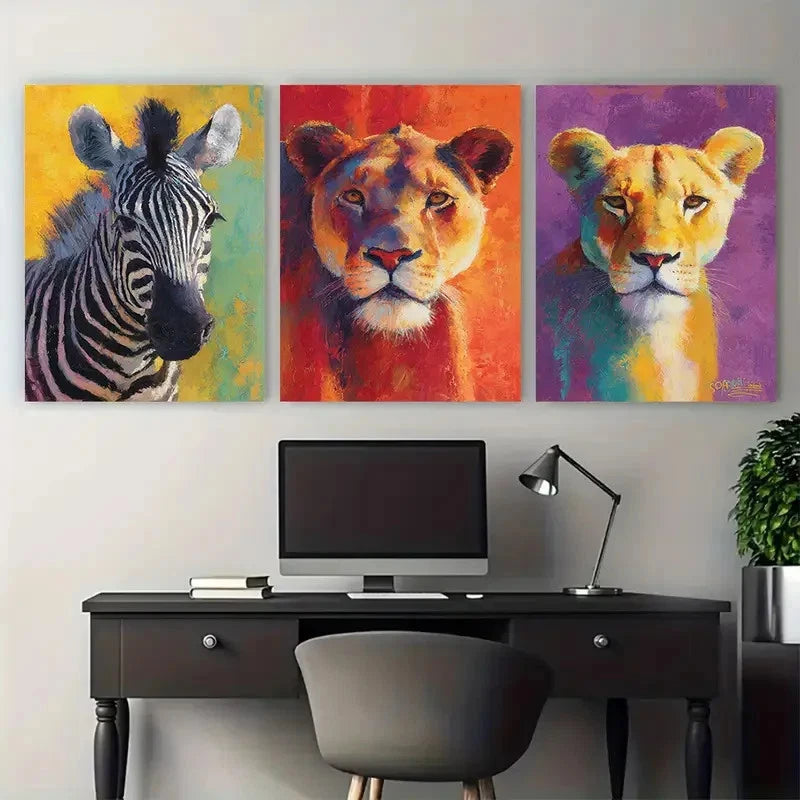 3pcs Lion and Zebra Vibrant Illustration Wall Art Set Canvas Framed 50x70cm - High Quality Print 100% Australian Made Wall Canvas Ready to Hang