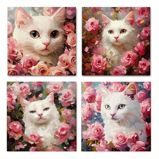 4pcsElegant White Cat with Pink RosesWall Art Canvas Framed