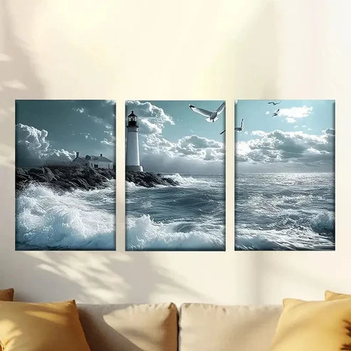3pcs Lighthouse on a Rocky Shore Wall Art Canvas Unframed - High Quality Print 100% Australian Made Wall Canvas