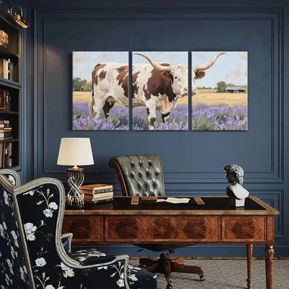 3pcs Pastoral Texas Longhorn Cow Purple Flowers Metal Print Ready to Hang Art - Bella Home Decor