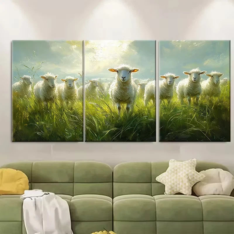 3pcs Herd Of Sheep Grazing Metal Print Ready to Hang Art