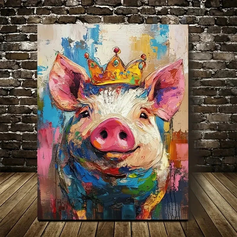 Whimsical Crown Pig Vibrant Abstract Painting 40x60cm Metal Print Ready to Hang - Bella Home Decor