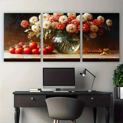 3pcs Chrysanthemums in a Glass Vase with Tomato Wall Art Set Canvas Framed 60x90cm - High Quality Print 100% Australian Made Wall Canvas Ready to Hang - Bella Home Decor