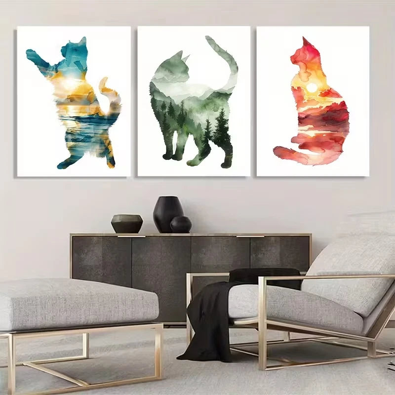 3pcs Adventure Cats Natural Forest Sunset      Wall Art Set Canvas Framed 50x70cm - High Quality Print 100% Australian Made Wall Canvas Ready to Hang - Bella Home Decor