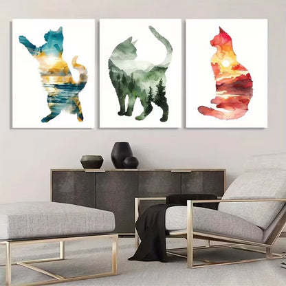 3pcs Adventure Cats Natural Forest Sunset      Wall Art Set Canvas Framed 50x70cm - High Quality Print 100% Australian Made Wall Canvas Ready to Hang - Bella Home Decor