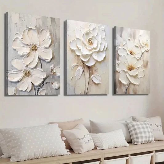 3pcs White Textured Flower Painting Wall Art Set Canvas Framed 60x90cm - High Quality Print 100% Australian Made Wall Canvas Ready to Hang