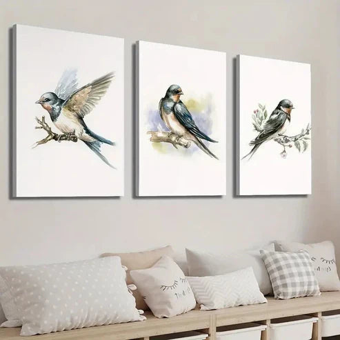 3pcs Bird Illustration on Tree Branch Wall Art Set Canvas Unframed - High Quality Print 100% Australian Made Wall Canvas - Bella Home Decor