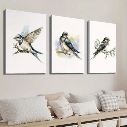 3pcs Bird Illustration on Tree Branch Wall Art Set Canvas Unframed - High Quality Print 100% Australian Made Wall Canvas - Bella Home Decor