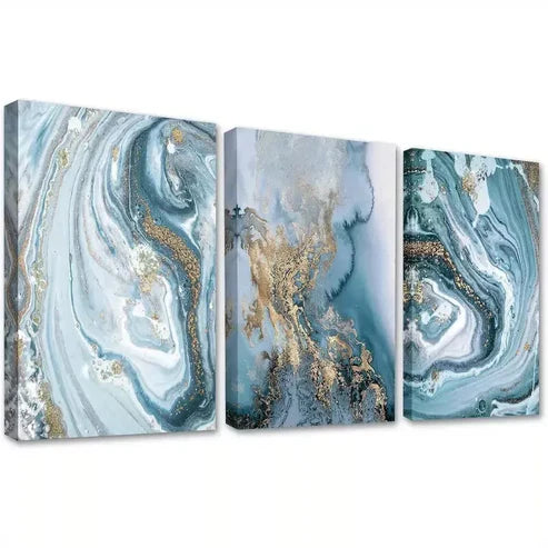 3pcs Blue & Golden Abstract Watercolor Wall Art Canvas Unframed - High Quality Print 100% Australian Made Wall Canvas - Bella Home Decor