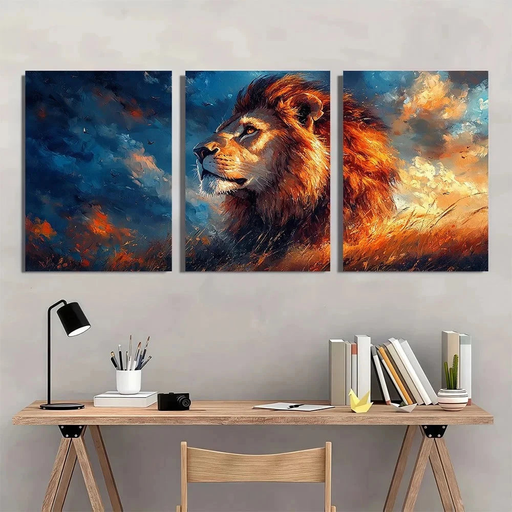 3pcs Lion Painting Golden Animal Themed Metal Print Ready to Hang Art - Bella Home Decor