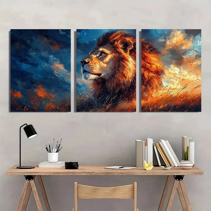 3pcs Lion Painting Golden Animal Themed Metal Print Ready to Hang Art - Bella Home Decor