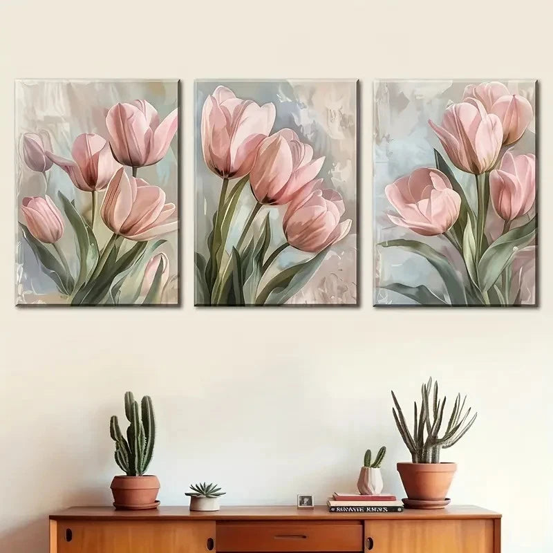 3pcs Paintings Tulip Flower Landscape Decoration Metal Print Ready to Hang Art - Bella Home Decor
